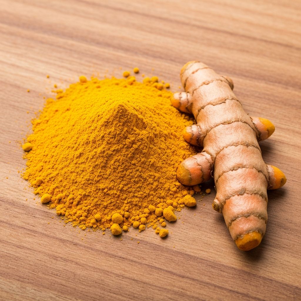 Golden turmeric powder and fresh turmeric root